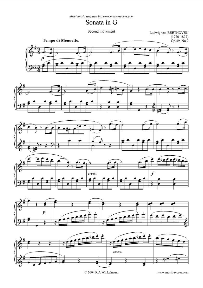Front page of Op.49, No.2: Sonata 20: G, 2nd mvt: Menuetto sheet music
