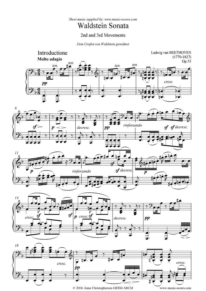 Front page of Op.53: Sonata 21: Waldstein: 2nd, 3rd: Adagio Rondo sheet music