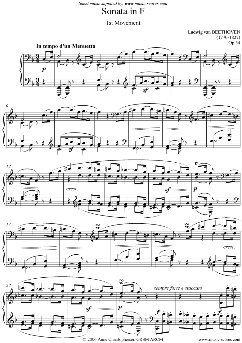 Front page of Op.54: Sonata 22: F: 1st mvt: Menuetto sheet music