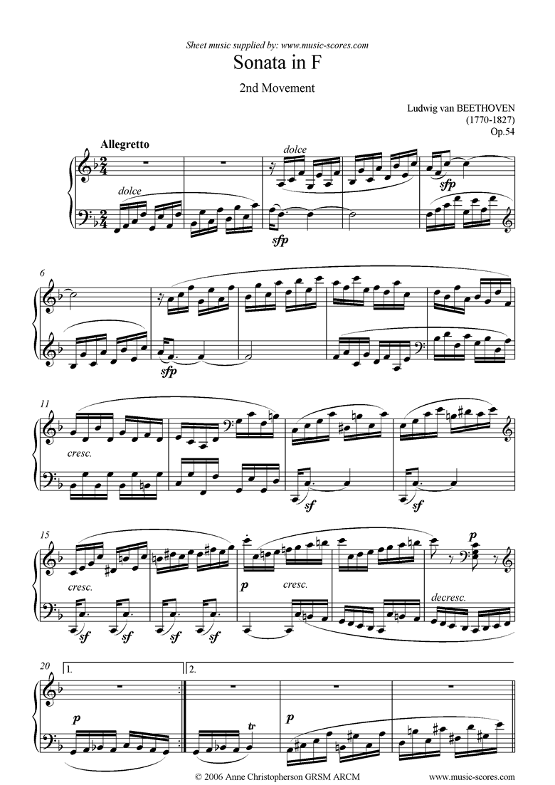 Front page of Op.54: Sonata 22: F: 2nd mvt: Allegretto sheet music