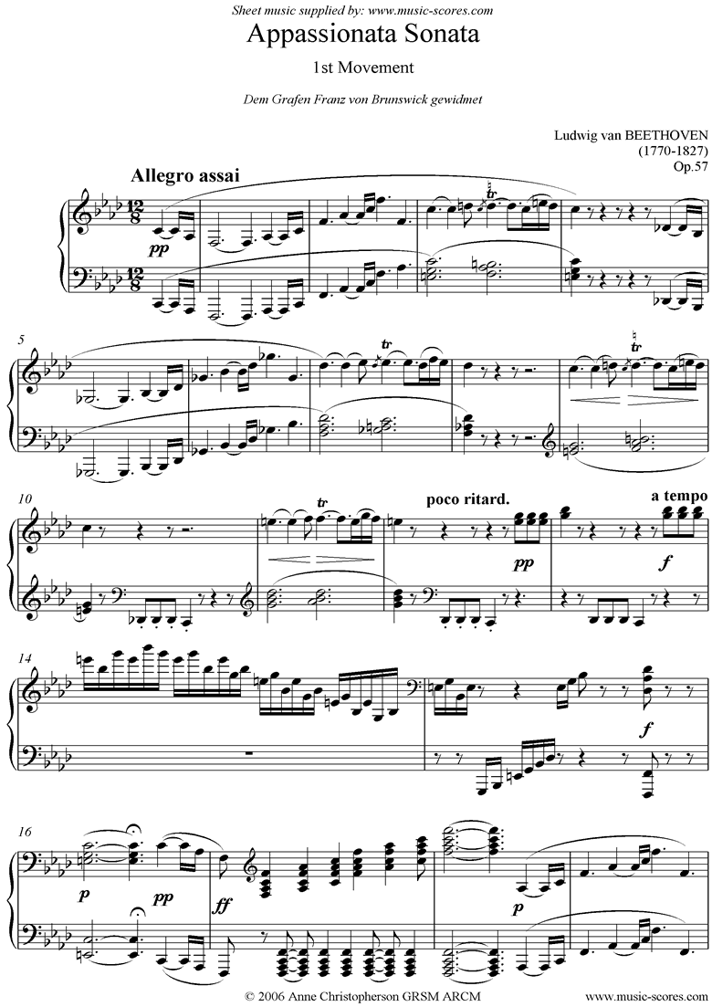 Front page of Op.57: Sonata 23: Appassionata: F mi: Allegro Assai sheet music