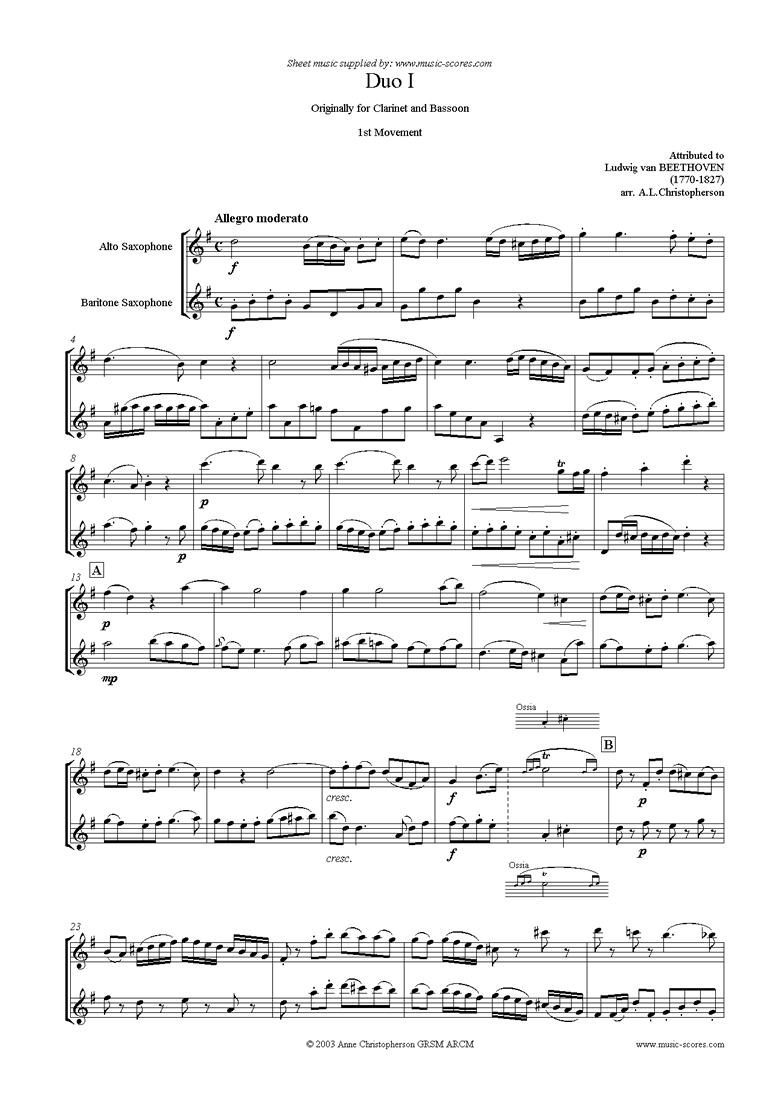Front page of 3 Duos: No.1: 1st mvt: Alto and Baritone Sax sheet music