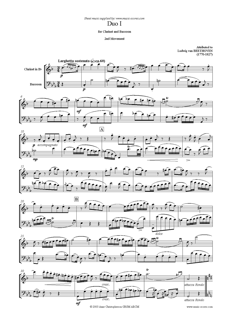 Front page of 3 Duos: No.1 in C major: 2nd mvt: Clarinet and Bassoon sheet music