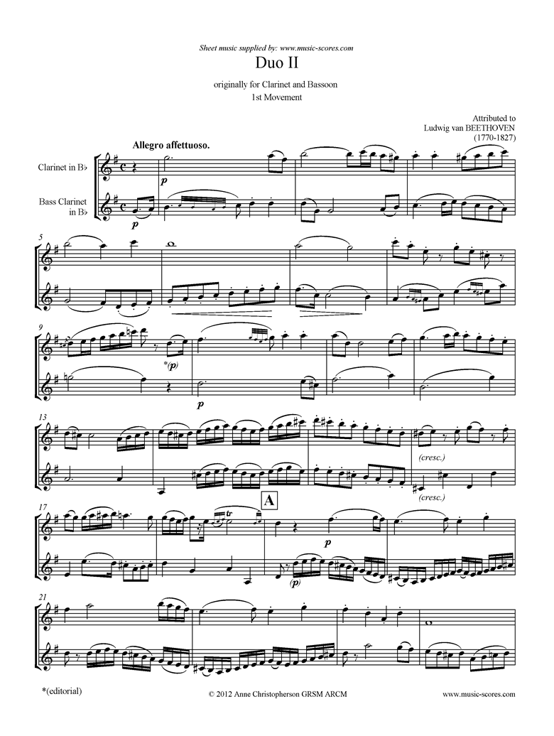 Front page of 3 Duos: No.2: 1st mvt: Clarinet, Bass Clarinet sheet music