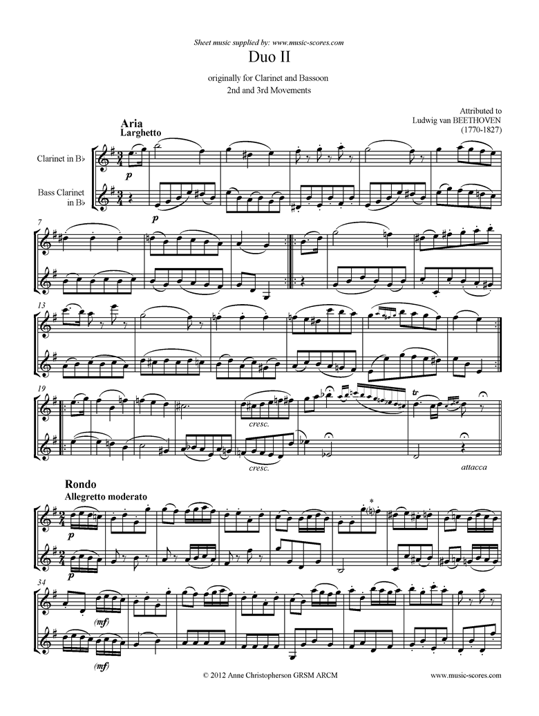 Front page of 3 Duos: No.2: 2nd and 3rd mvt. Clarinet, Bass Clarinet sheet music