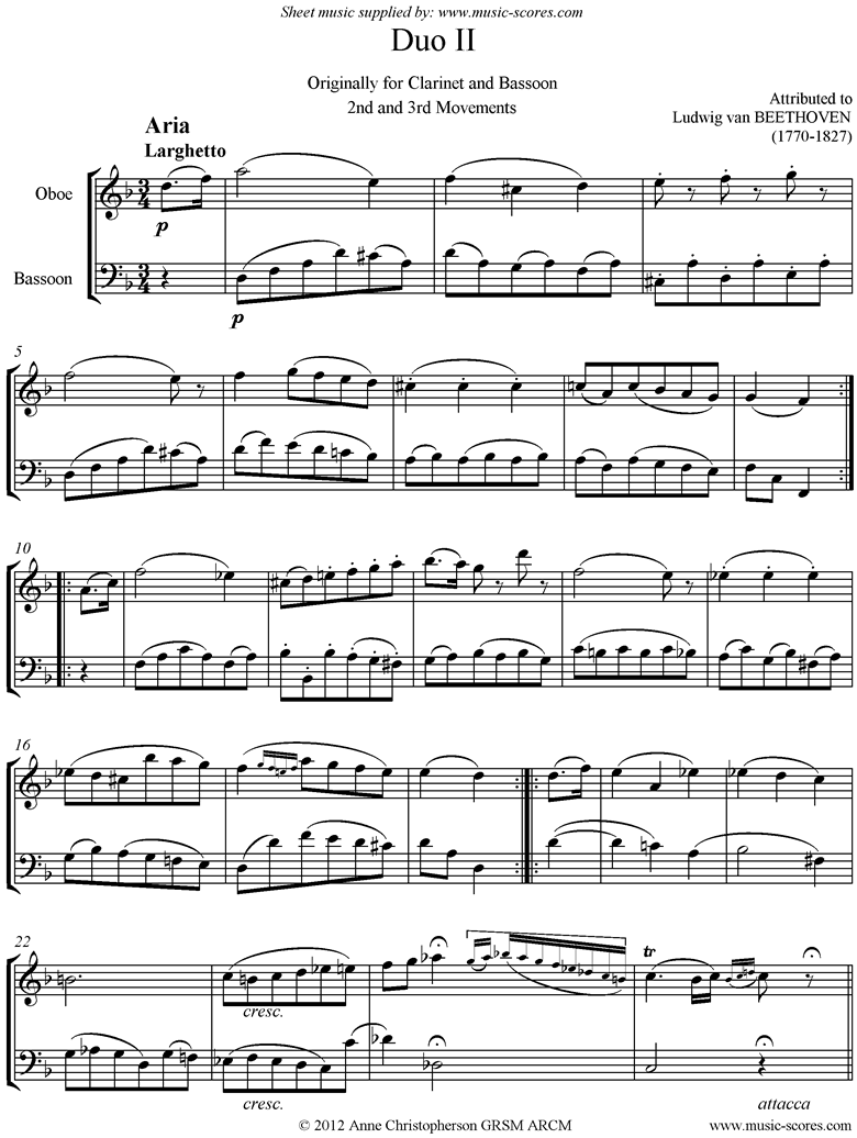 Front page of 3 Duos: No.2: 2nd and 3rd mvt. Oboe, Bassoon sheet music