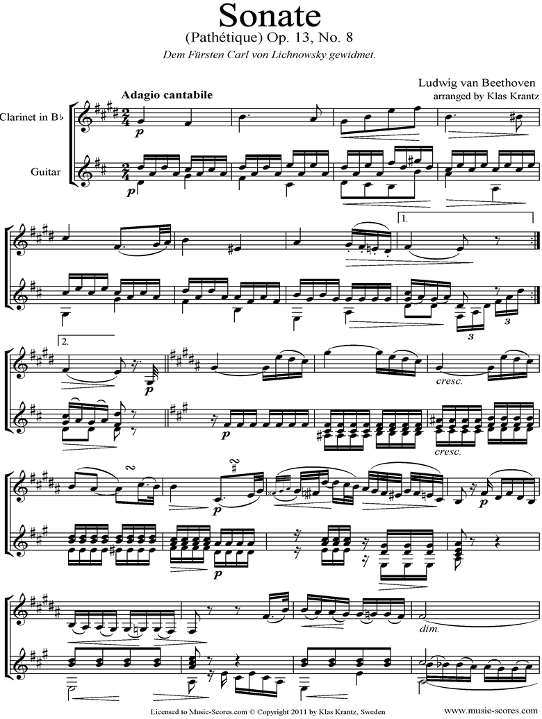 Front page of Op.13: Sonata 08: Pathetique, 2nd mvt: Clarinet, Guitar sheet music