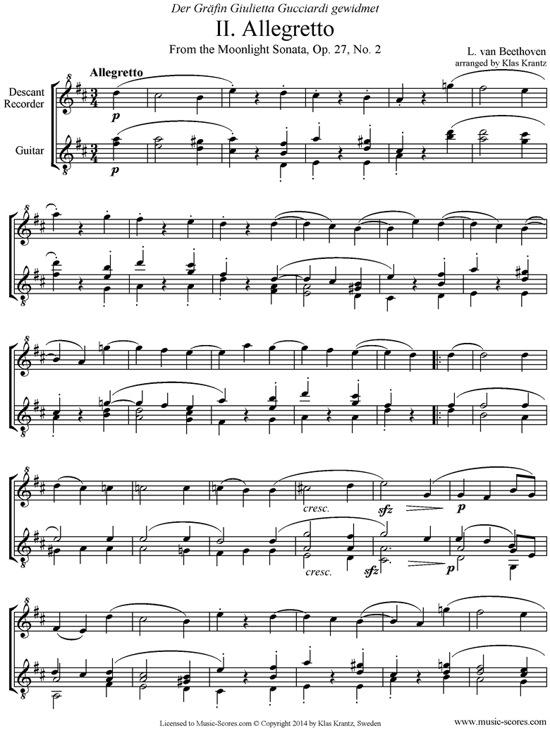 Op.27, No2: Sonata 14: Moonlight, 2nd mvt: Descant Recorder, Guitar, by Beethoven