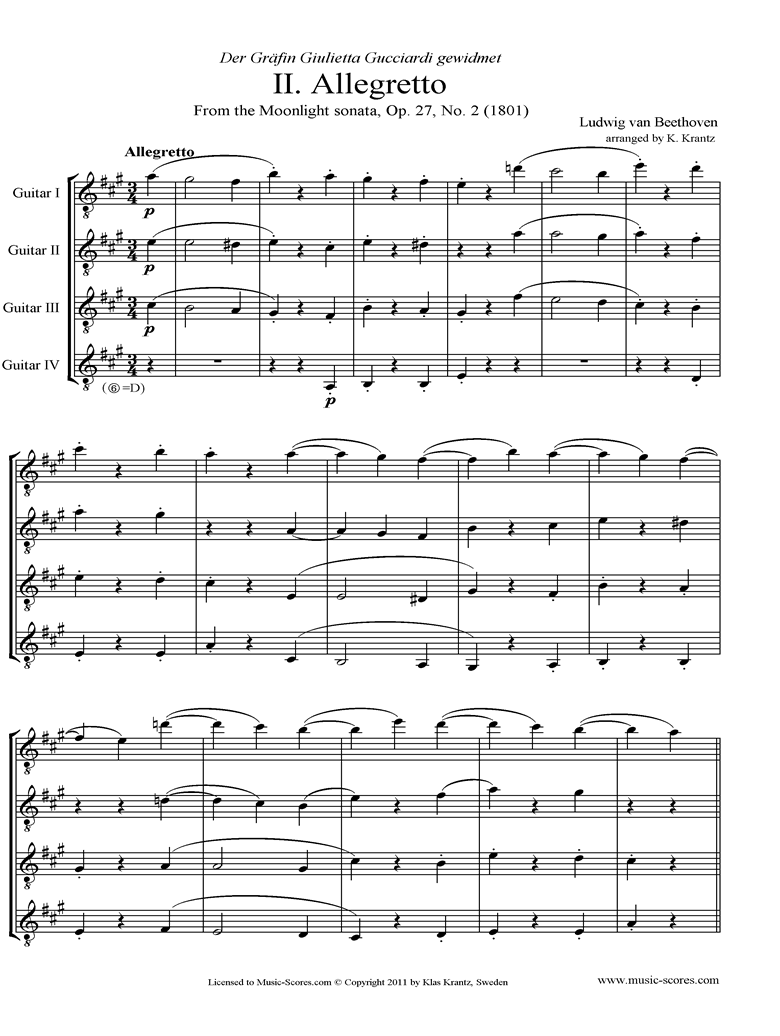 Front page of Op.27, No2: Sonata 14: Moonlight, 2nd mvt: Guitar Quartet. sheet music