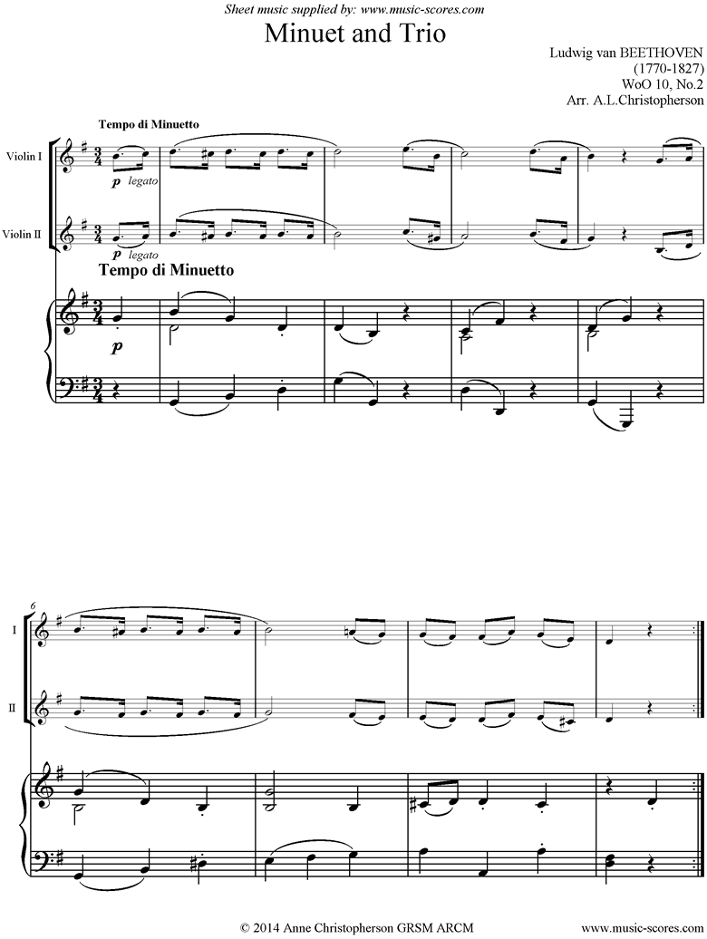 Front page of WoO 10, No.2: Minuet and Trio: 2 Violins and Piano sheet music