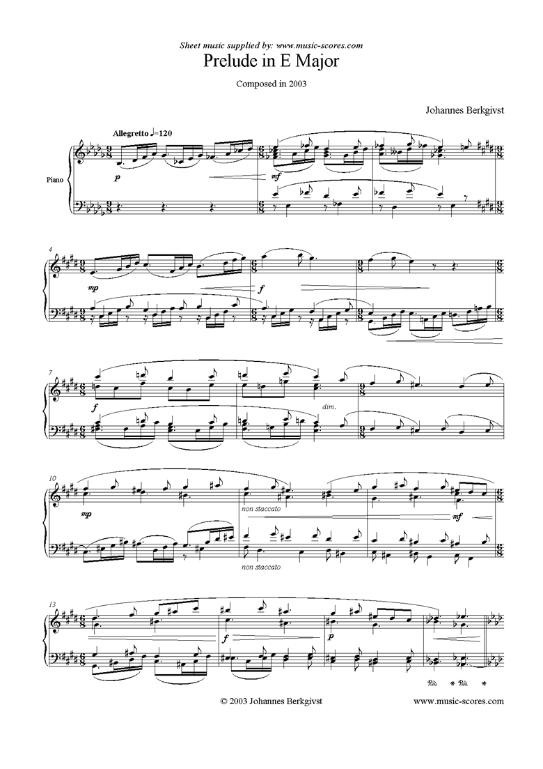 Front page of Prelude in E Major sheet music