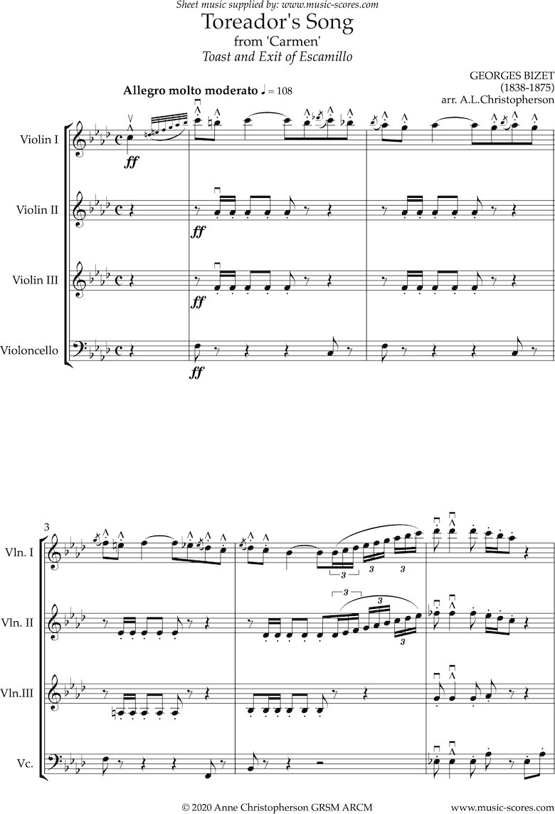 Front page of Toreadors Song: from Carmen: String ensemble: Long sheet music