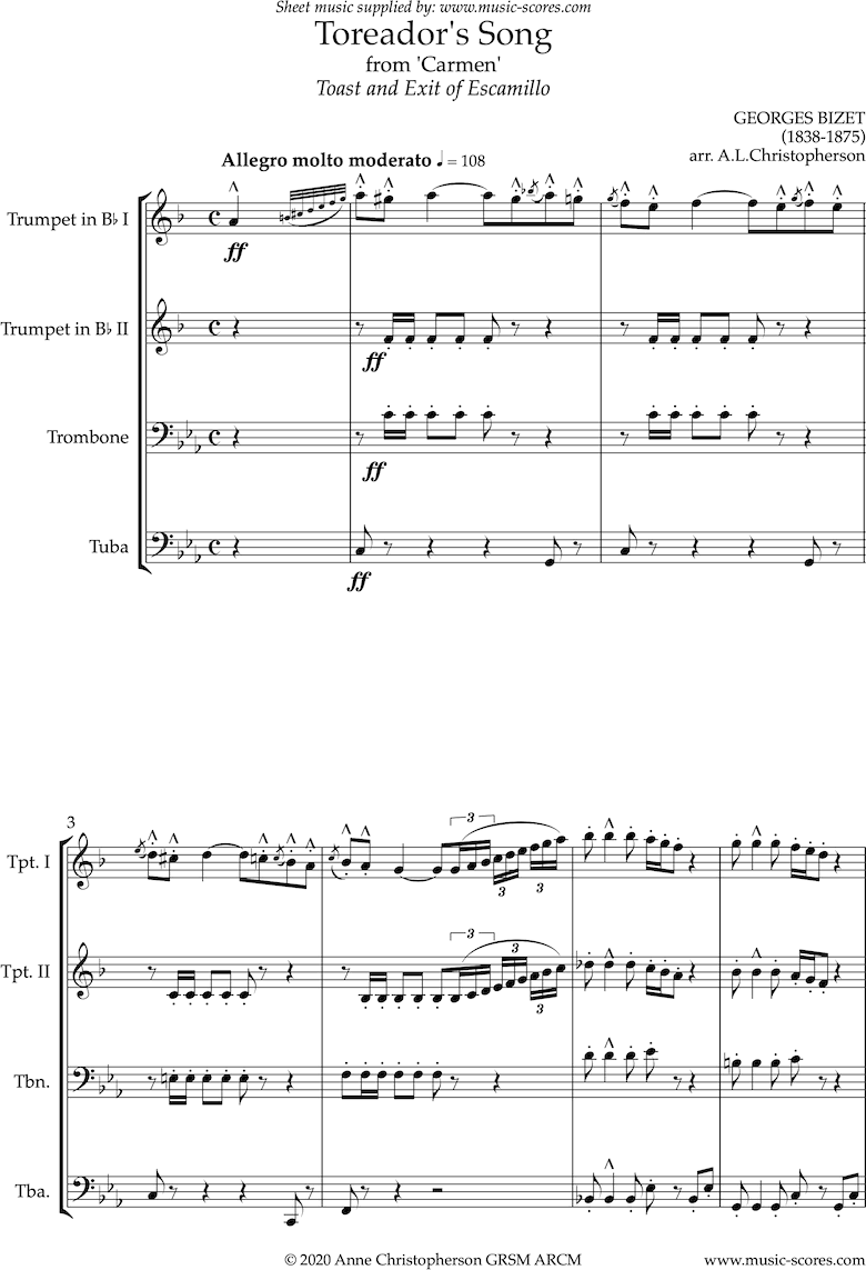 Front page of Toreadors Song: from Carmen: Brass quartet: Long sheet music