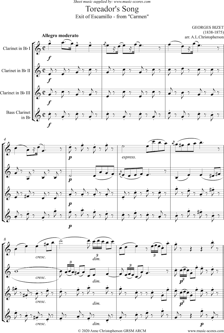 Front page of Toreadors Song: from Carmen: Short version: Clarinet quartet sheet music