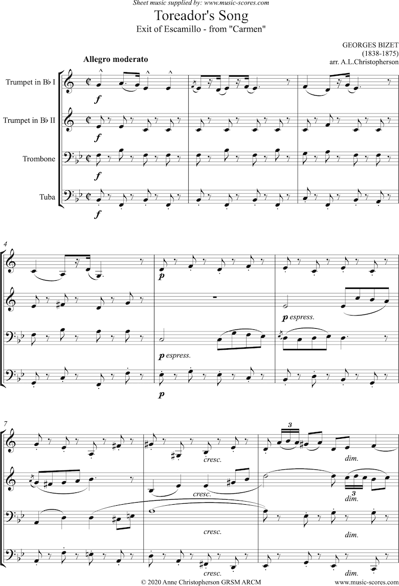 Front page of Toreadors Song: from Carmen: Short version: Brass quartet sheet music
