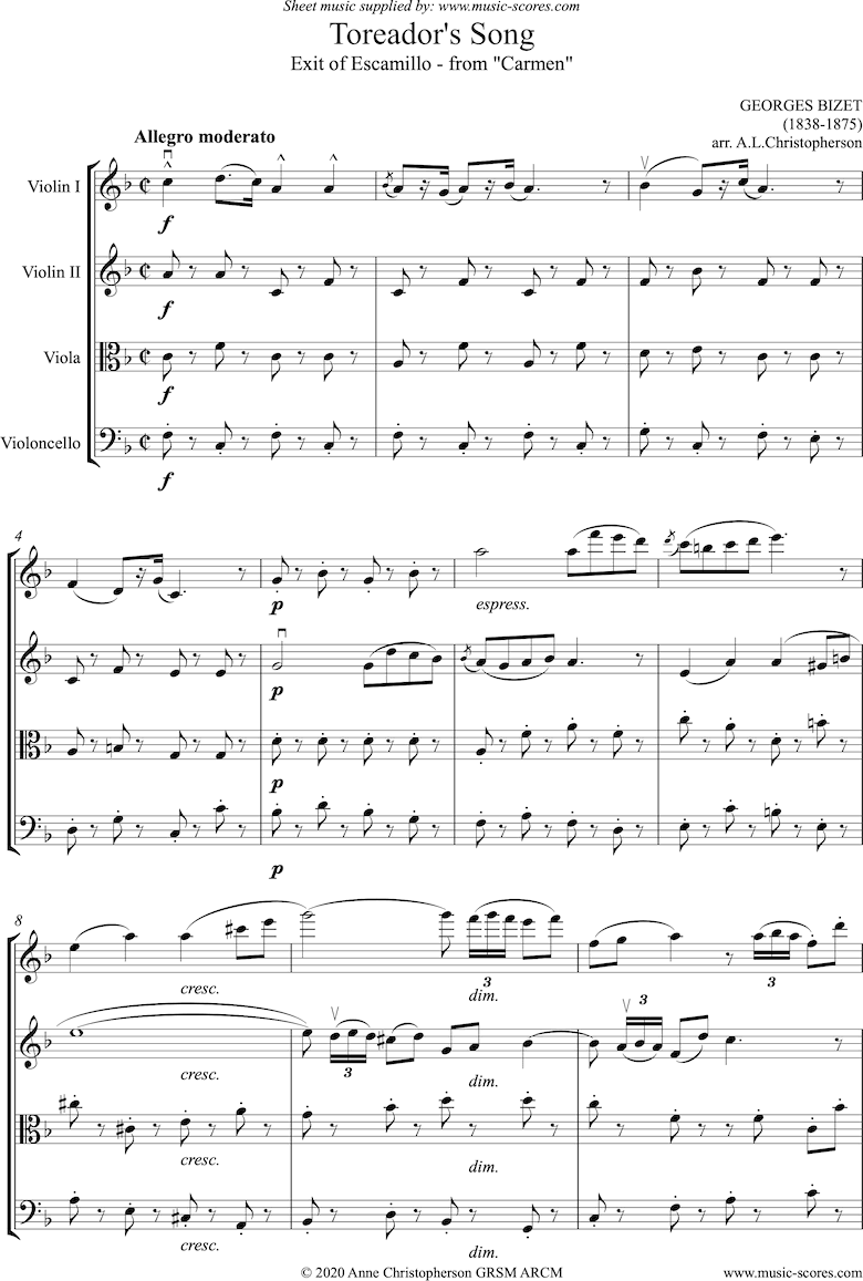 Toreadors Song: from Carmen: Short version: String quartet: high 1st violin by Bizet