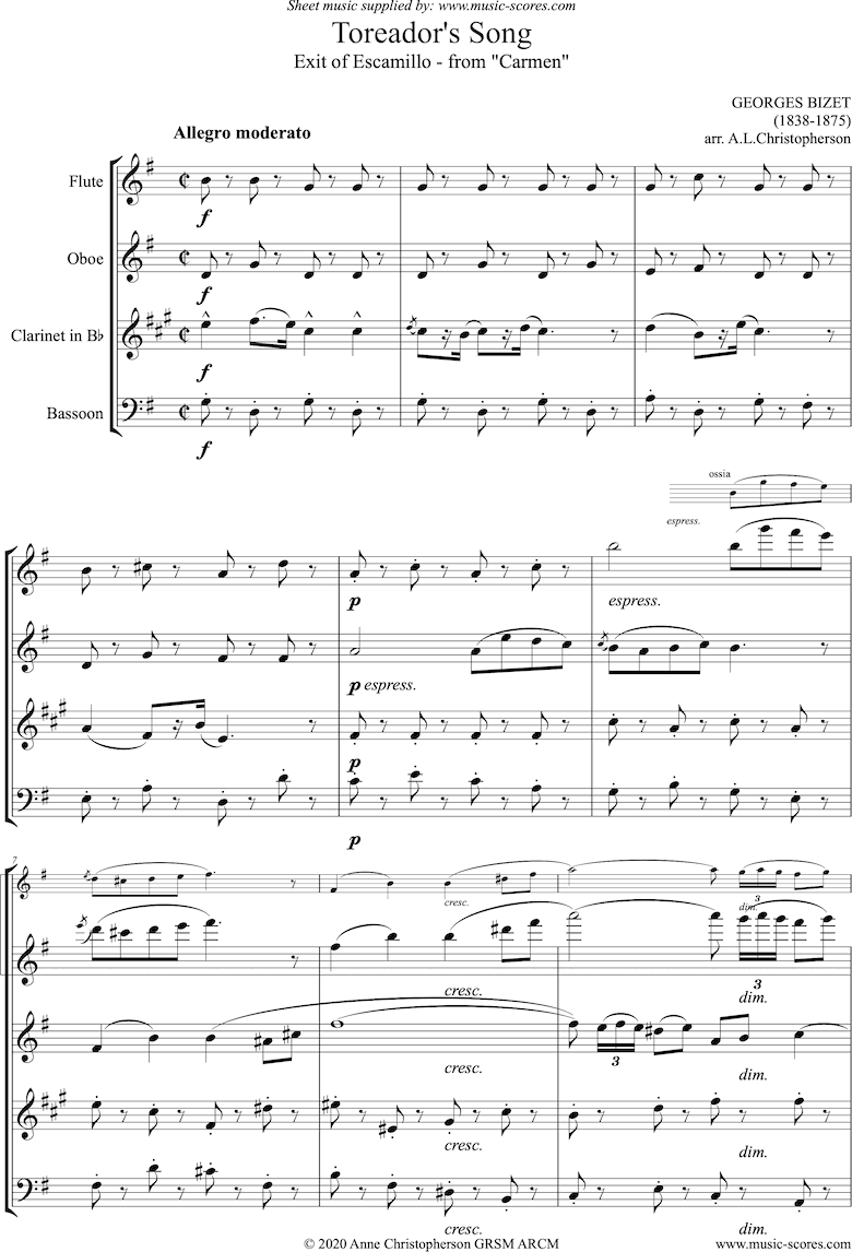 Front page of Toreadors Song: from Carmen: Wind quartet - short sheet music
