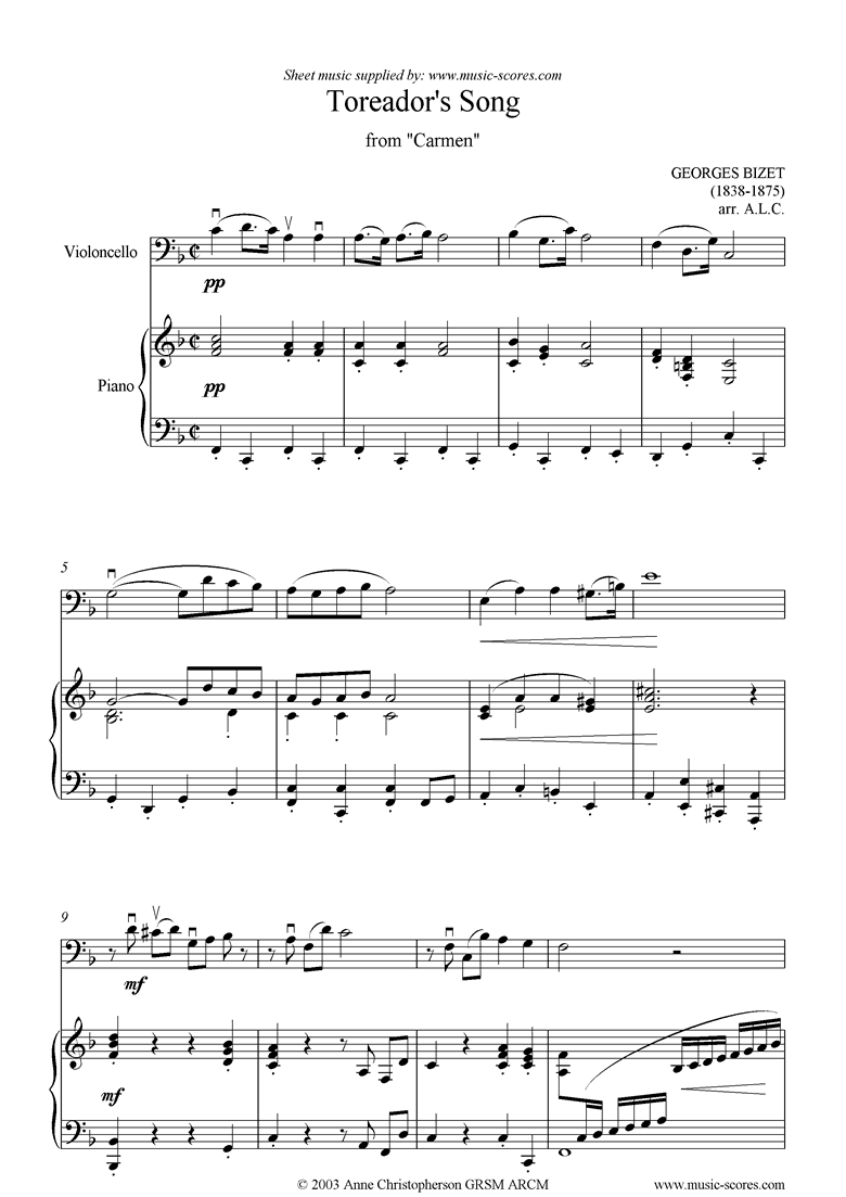 Toreadors Song: from Carmen: Cello by Bizet