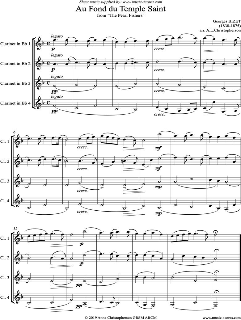 Front page of Pearl Fishers: Au Fond du Temple Saint: Wind sheet music
