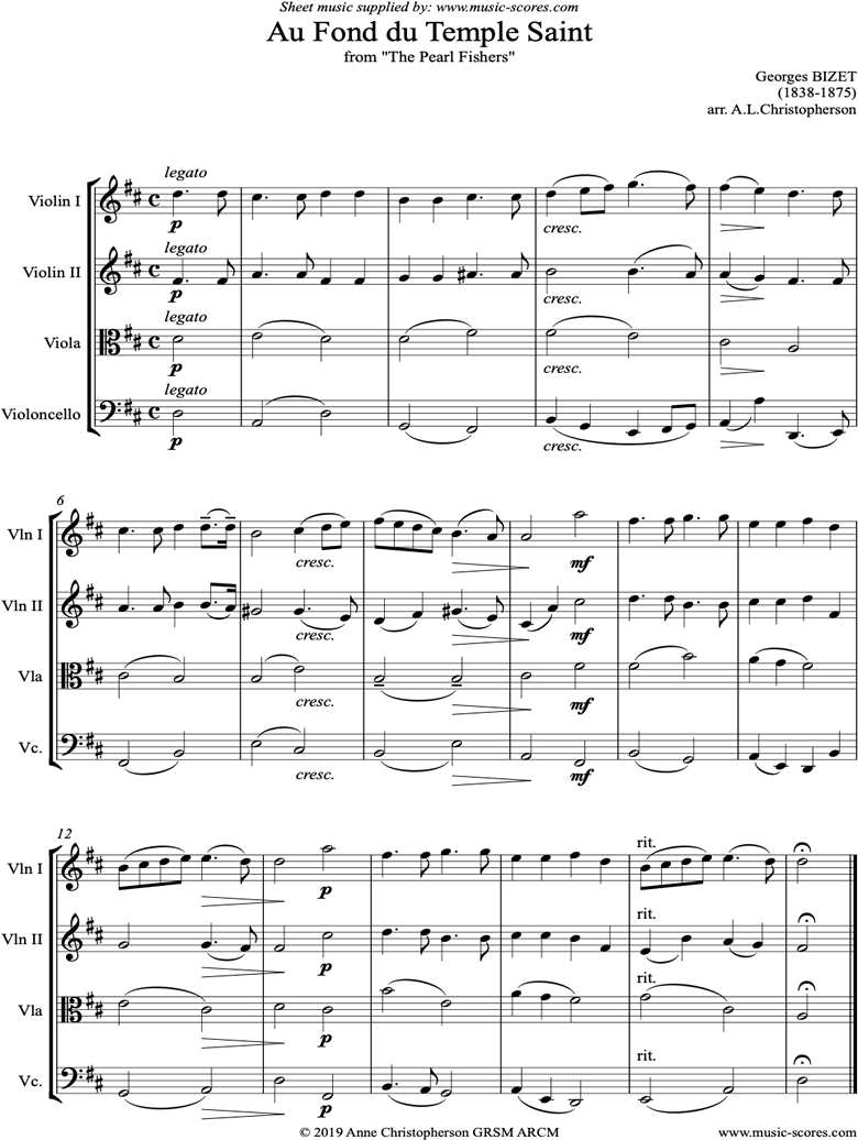 Front page of Pearl Fishers: Au Fond du Temple Saint: String 4 sheet music