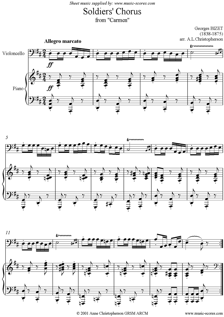 Front page of Soldiers Chorus: from Carmen: Cello sheet music