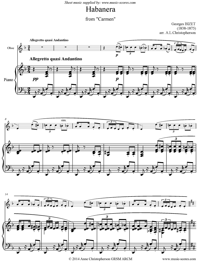 Front page of Habanera: from Carmen: Oboe sheet music