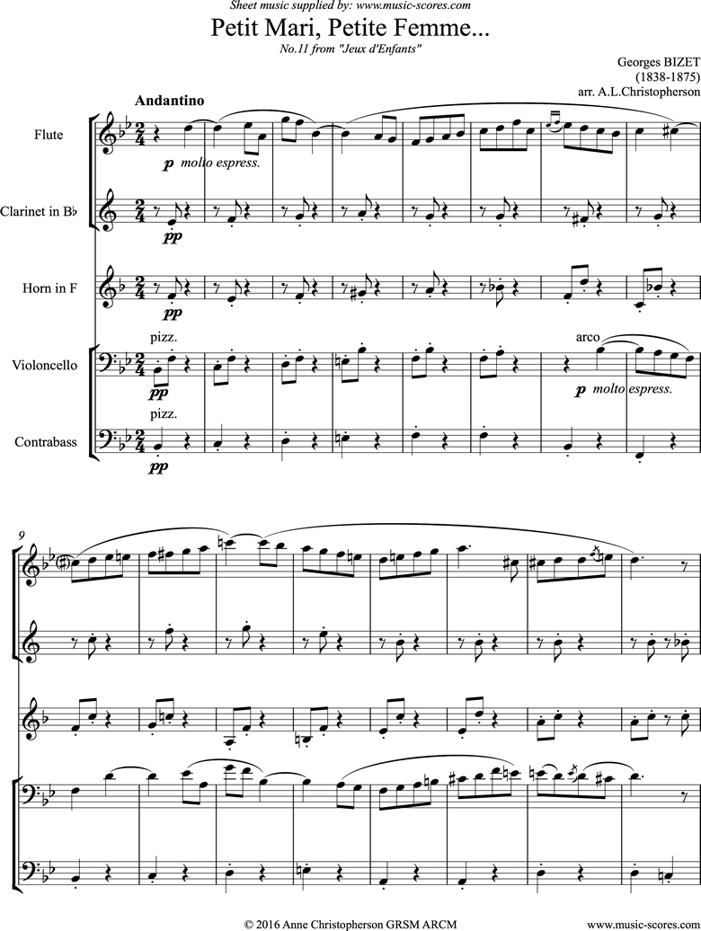 Jeux d Enfants: Petit Mari, Petite Femme: Flute, Clarinet, Horn, Cello, Double Bass by Bizet