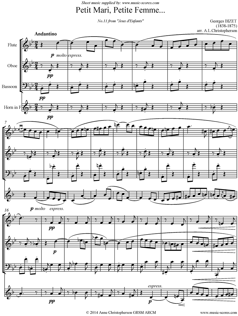 Jeux d Enfants: Petit Mari, Petite Femme: Flute, Oboe, Bassoon, French Horn by Bizet