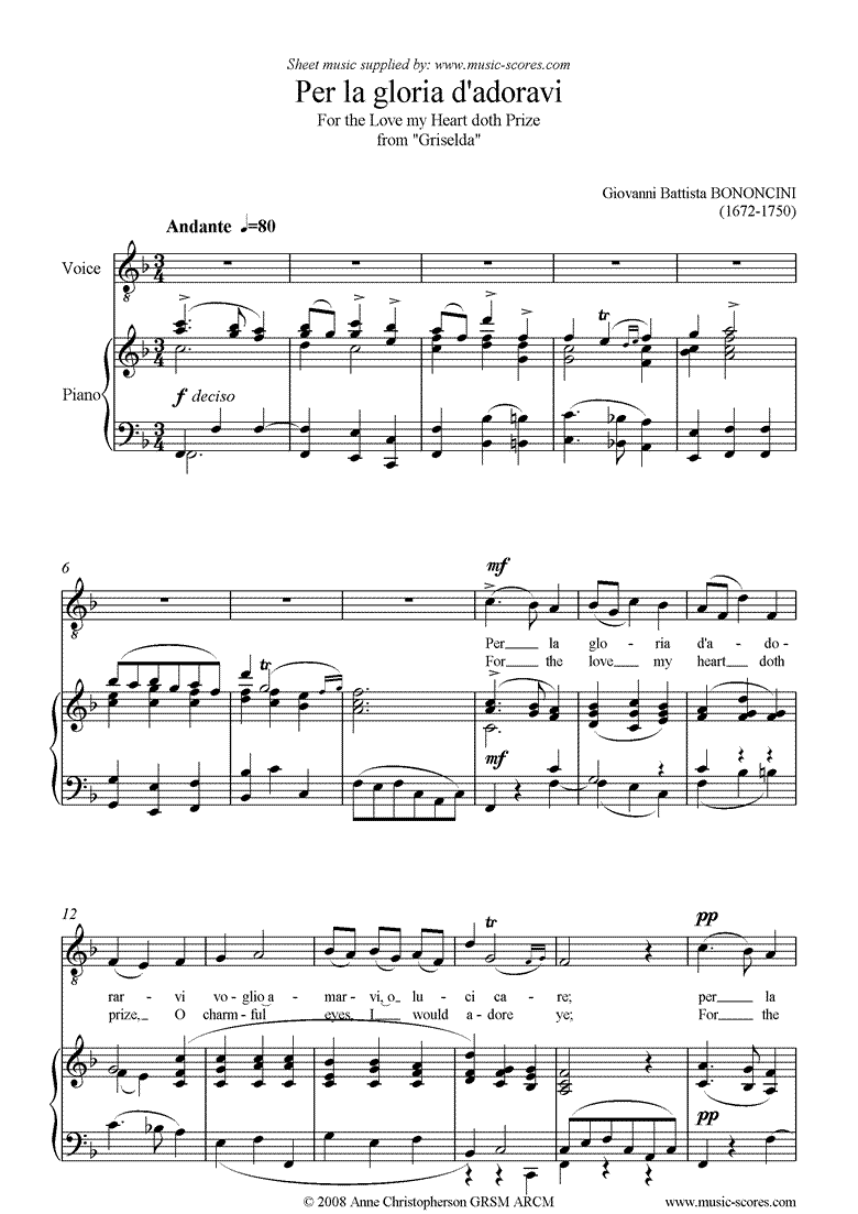 Front page of Per la Gloria d'Adoravi: from Griselda: higher sheet music
