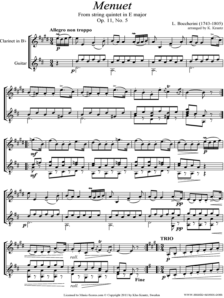 Front page of Minuet and Trio: from String Quintet in E: Clarinet, Guitar sheet music