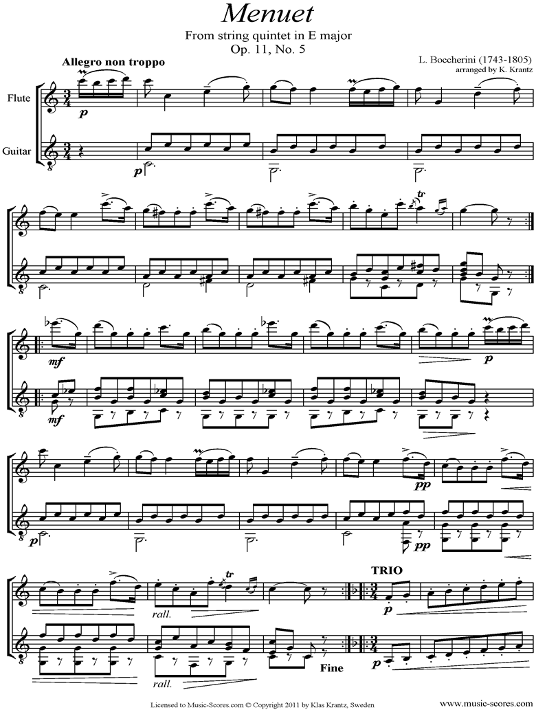 Front page of Minuet and Trio: from String Quintet in E: Flute, Guitar sheet music