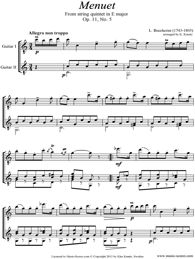 Front page of Minuet and Trio: from String Quintet in E: 2 Guitars sheet music