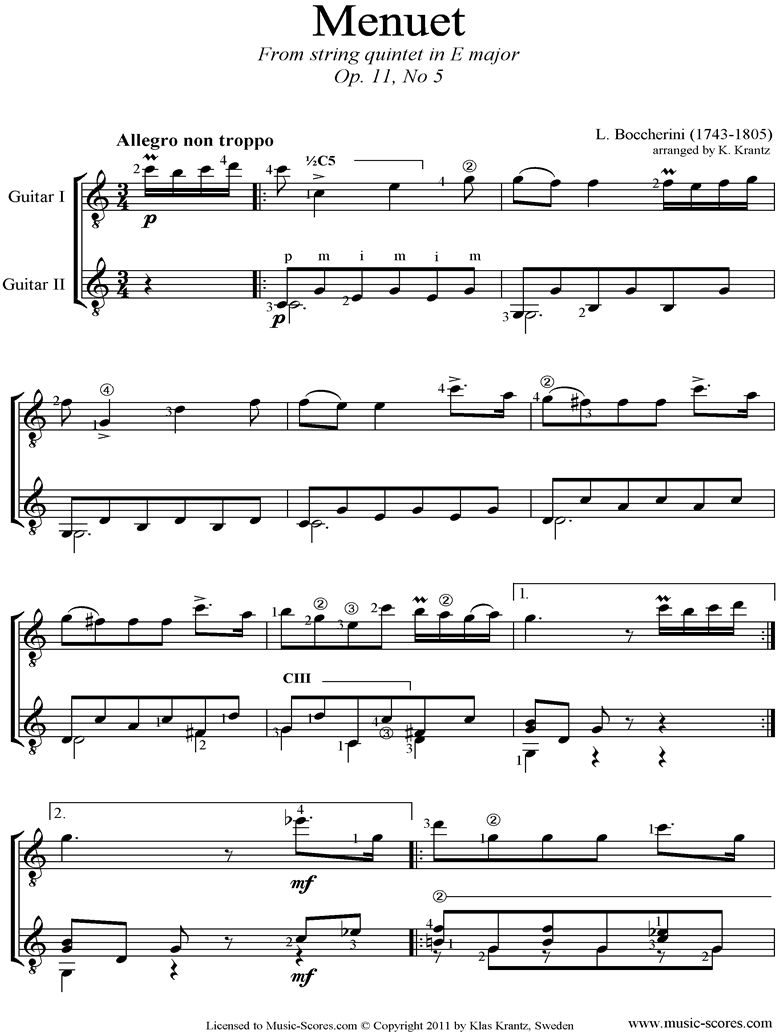 Front page of Minuet and Trio: from String Quintet in E: 2 Guitars easier sheet music