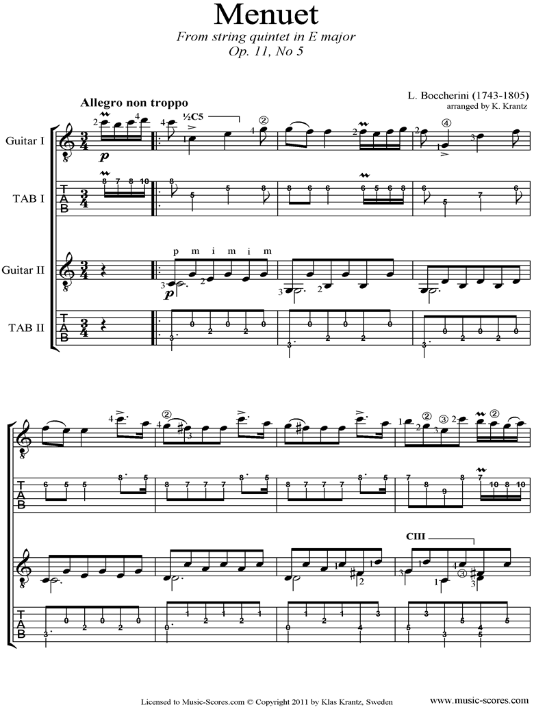 Front page of Minuet and Trio: from String Quintet in E: 2 Guitars, tabs sheet music