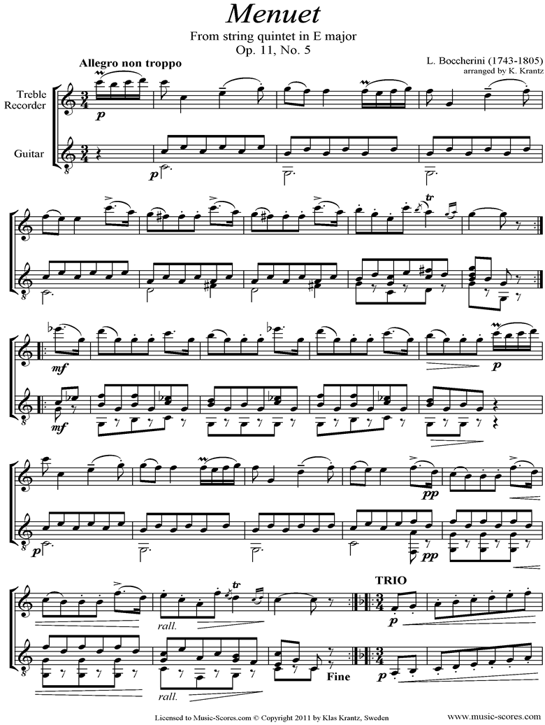 Front page of Minuet and Trio: from String Quintet in E: Treble Recorder, Guitar sheet music