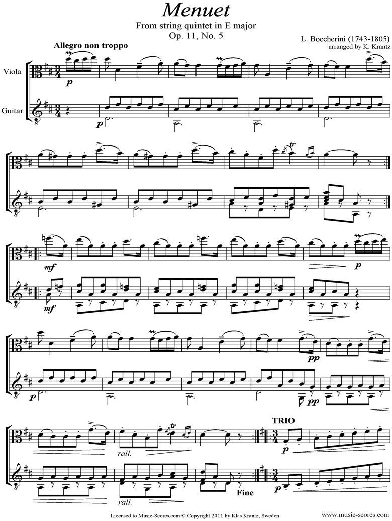 Front page of Minuet and Trio: from String Quintet in E: Viola, Guitar sheet music