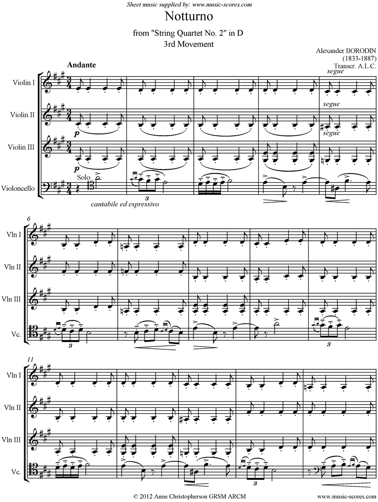 Notturno: String Quartet no. 2, 3rd Movement: 3 Violins, Cello by Borodin