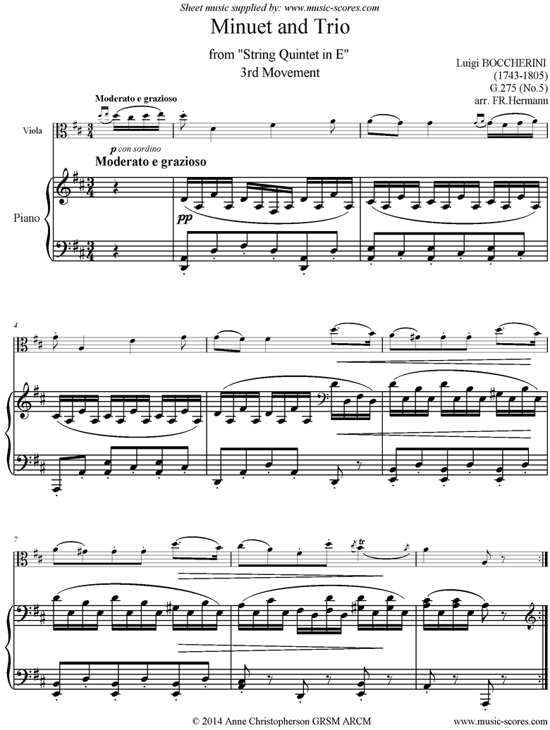 Front page of Minuet and Trio: from String Quintet in E: Viola, Piano. Lower sheet music