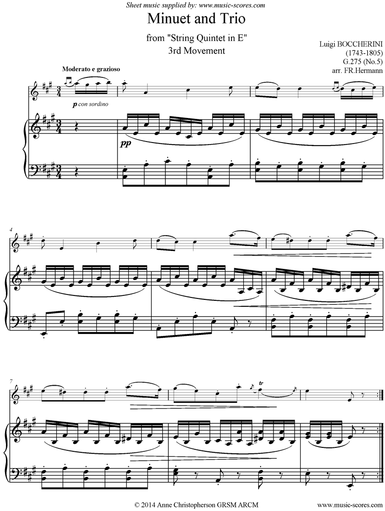 Front page of Minuet and Trio: from String Quintet in E: Violin, Piano sheet music
