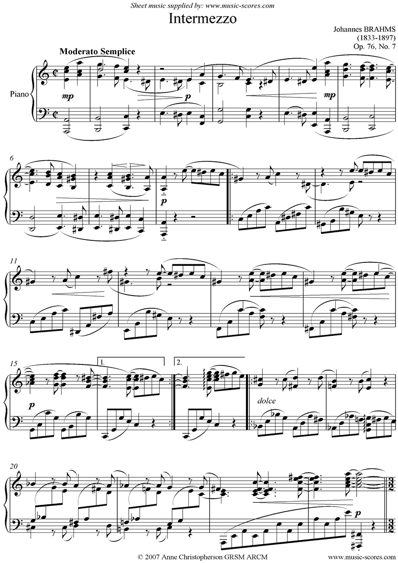 Front page of Op.76, No.7: Intermezzo in A minor  sheet music