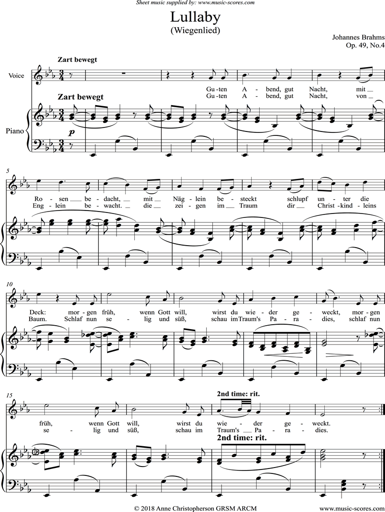 Front page of Op.49, No.4: Brahms Lullaby: Voice sheet music