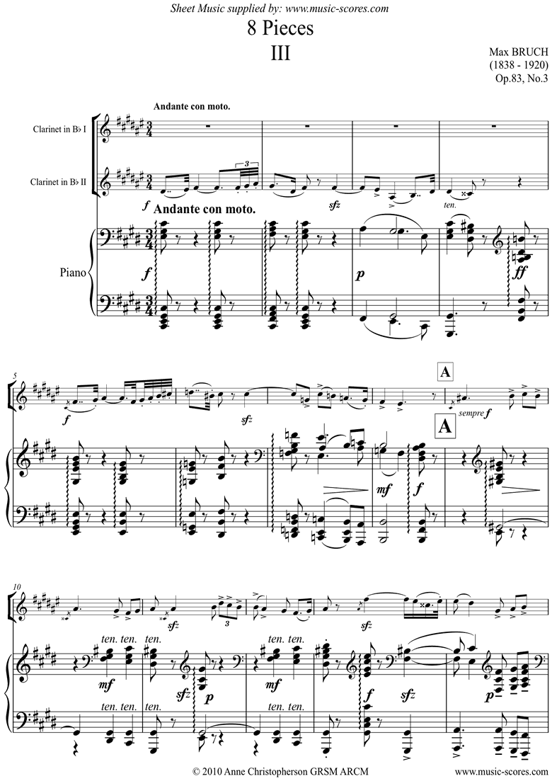 Front page of Op.83 No.3 Andante for 2 Clarinets and Piano sheet music