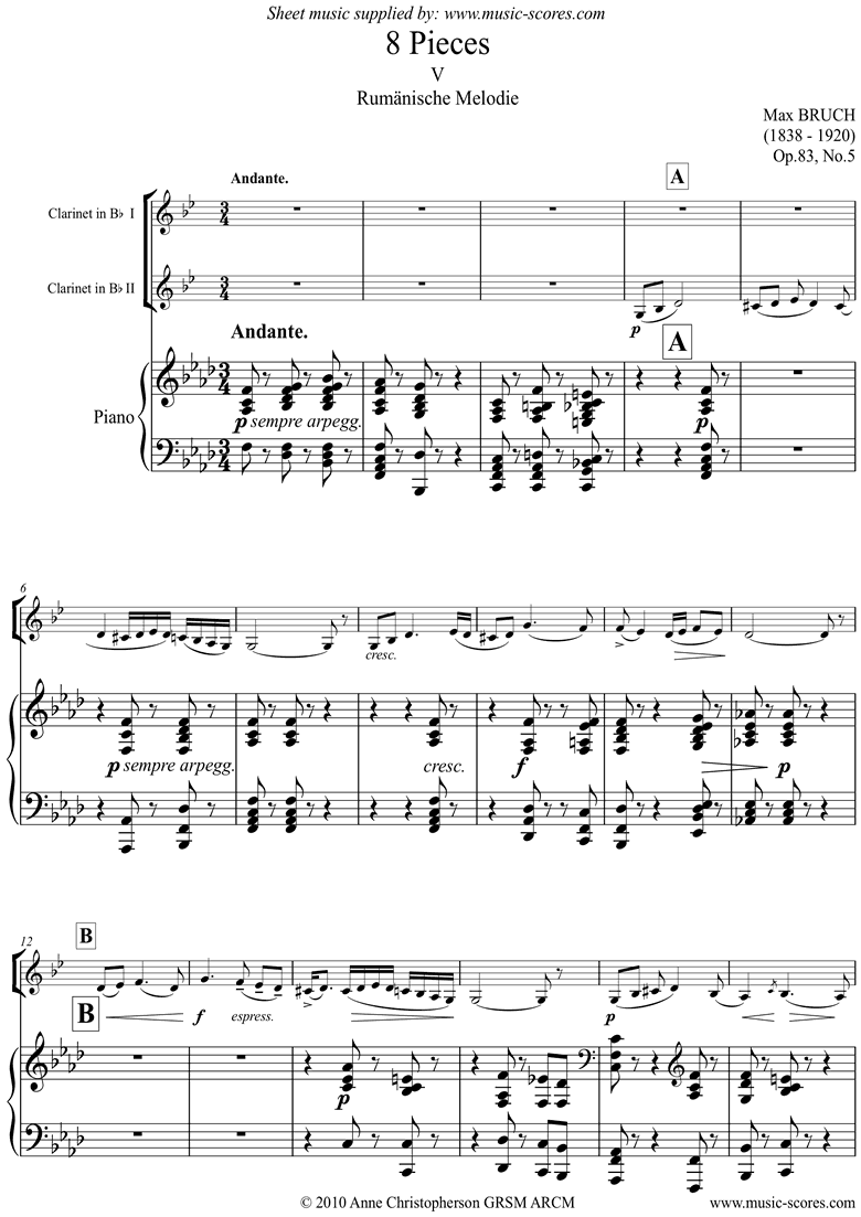 Front page of Op.83 No.5 Rumanische: 2 Clarinets and Piano sheet music
