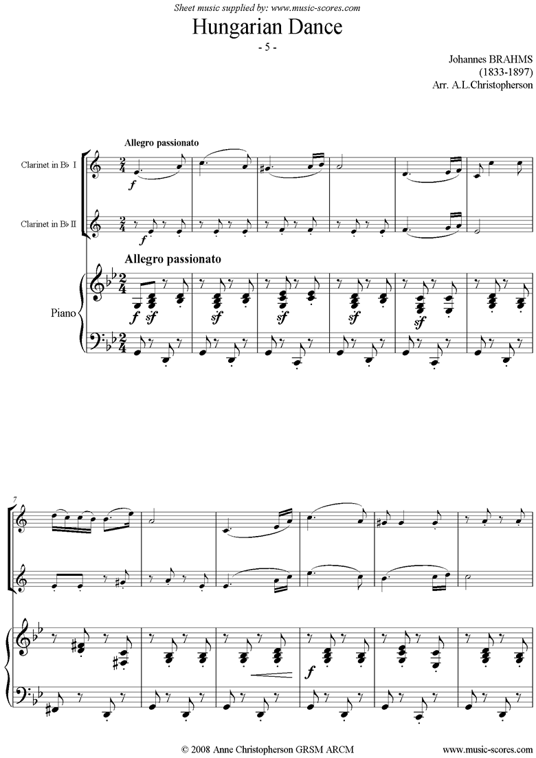 Front page of Hungarian Dance No.5: 2 Clarinets and Piano sheet music