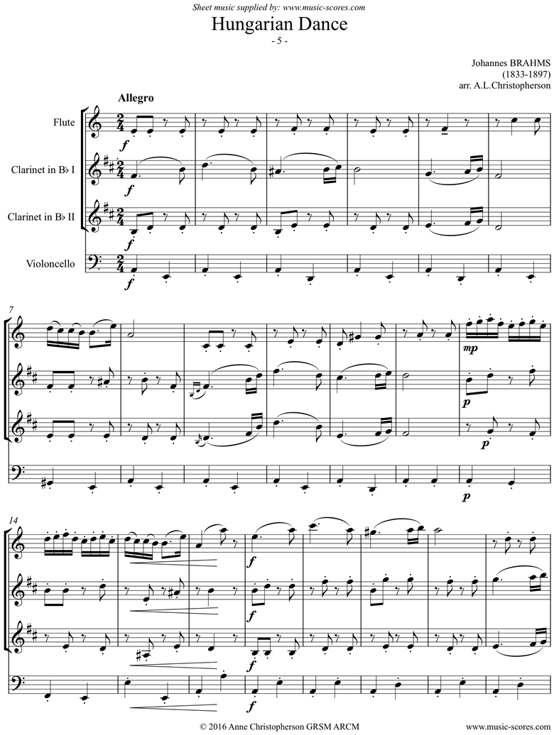 Front page of Hungarian Dance No.5: Flute, 2 Clarinets, Cello sheet music