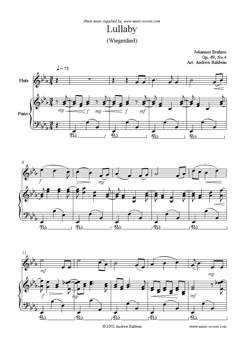 Front page of Op.49, No.4: Brahms Lullaby: Flute sheet music