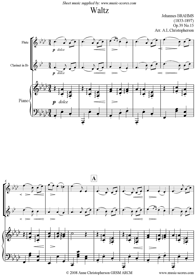 Front page of Op.39, No.15: Waltz: Flutes, Clarinet and Piano sheet music