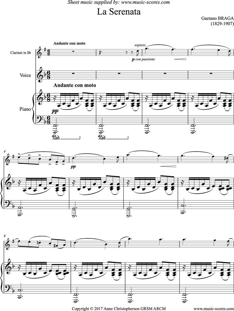 La Serenata: Voice, Clarinet, Piano: F ma by Braga
