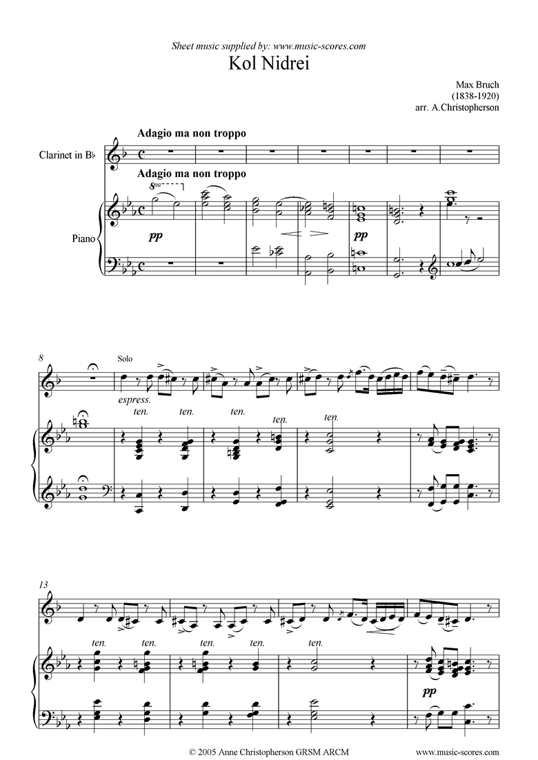 Front page of Kol Nidre: Clarinet, Cmi sheet music