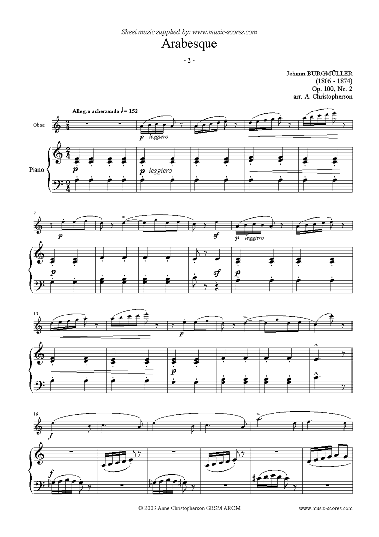 Front page of Op.100 No.02 Arabesque: Oboe sheet music